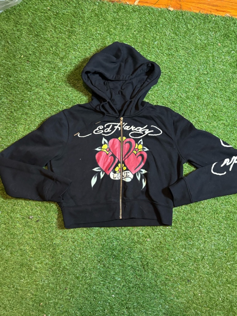 Ed Hardy Black Zip Hoodie with Red Heart Graphic